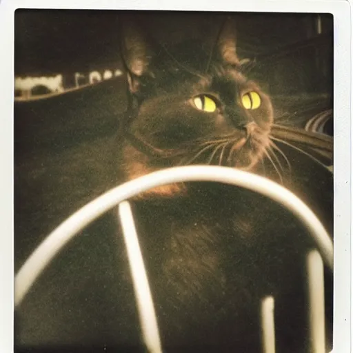 Image similar to happy black cat on a rollercoaster looping. focus on the cat. sunlight. polaroid photo. vivid colors.