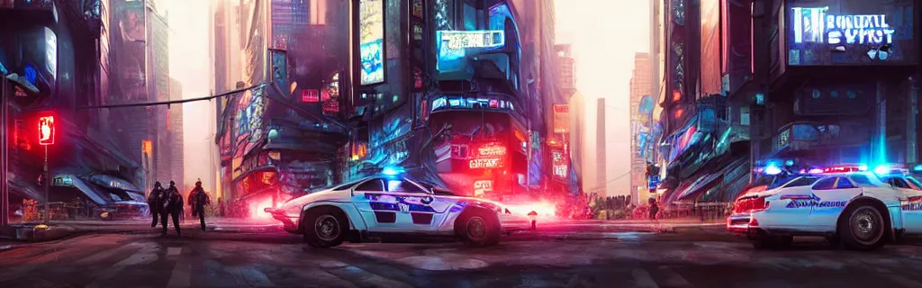 Image similar to a busy cyberpunk street with a heavy police presence. 8 k, epic cinematic hyperrealism masterpiece. realistic poster with shaded lighting by craig mallismo, artgerm, jeremy lipkin and michael garmash, unreal engine, radiant light, detailed and complex environment, digital art, art station trends, detailed, lens flare, motion blur