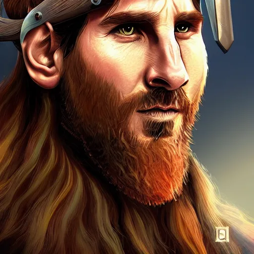 Image similar to Messi as a Viking, detailed digital art, trending on Artstation