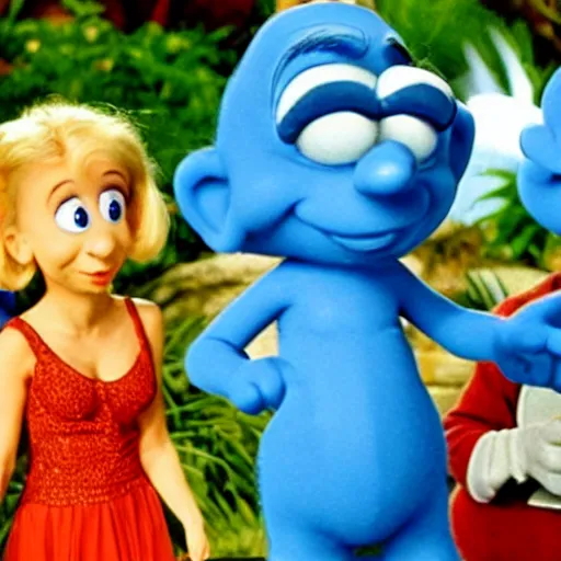 Prompt: Still of the Smurfs as a guest stars in Friends