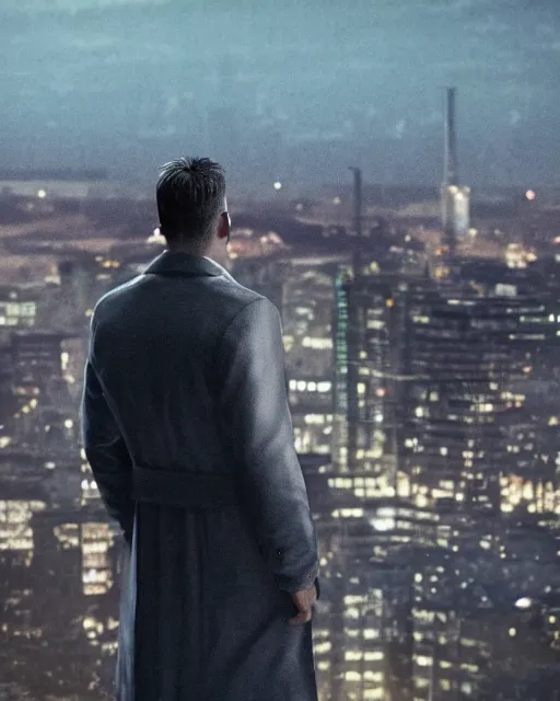 Image similar to a night rooftop scene, close up shot of a photorealistic gangster wearing a trench coat looking at the city below, unreal engine, hyper realism, realistic shading, cinematic composition, realistic render, octane render