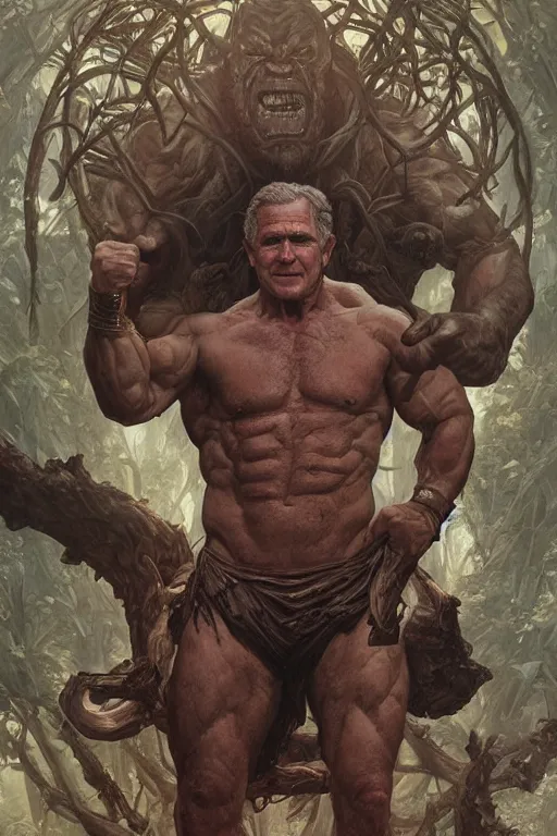 Prompt: portrait of george w bush as a hulking herculean demon, forest, godlike, full body, fantasy, intricate, elegant, highly detailed, digital painting, artstation, concept art, sharp focus, illustration, art by artgerm and greg rutkowski and alphonse mucha