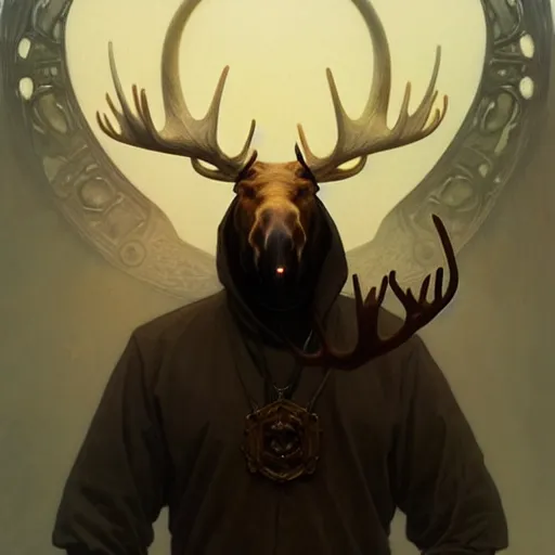 Prompt: Portrait of moose wearing an anonymous mask, fantasy, intricate, elegant, highly detailed, digital painting, artstation, concept art, smooth, sharp focus, illustration, art by Krenz Cushart and Artem Demura and alphonse mucha