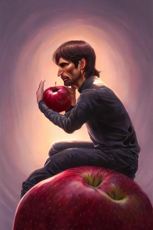 Image similar to ultra realistic illustration, steve jobs sitting on a giant apple, sci - fi, fantasy, intricate, elegant, highly detailed, digital painting, artstation, concept art, smooth, sharp focus, illustration, art by artgerm and greg rutkowski and alphonse mucha