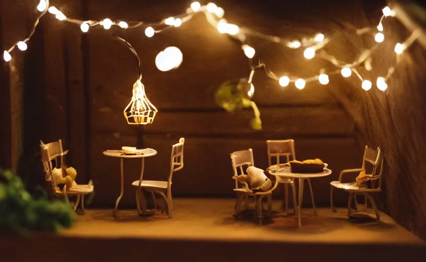 Image similar to mini cafe for mice diorama macro photography, ambient, atmospheric photograph, string lights, romantic