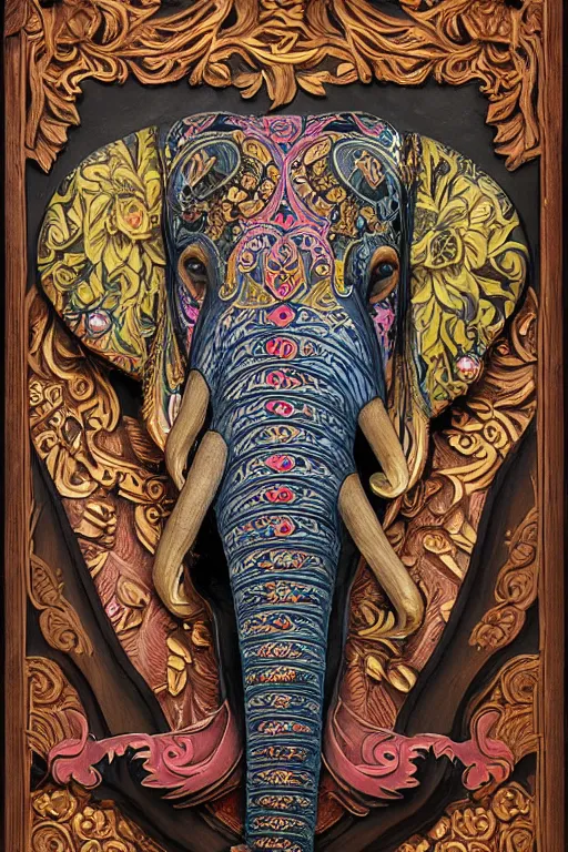 Image similar to Painted dark-wood panel relief carving of a close up of a Flowerpunk Matriarch Elephant, ornate border frame, explosion of colorful flowers, dark wood, intricately carved, black ink, festival of rich colors, intricate details, cinematic lighting, volumetric lighting, post-processing, art nouveau, tarot, fractal art, mandala, by andreas rocha and john howe, and Martin Johnson Heade, featured on artstation, featured on behance, golden ratio, hyper detailed, photorealistic, epic composition, center spotlight, f32, well composed, symmetrical, UE5, 8k