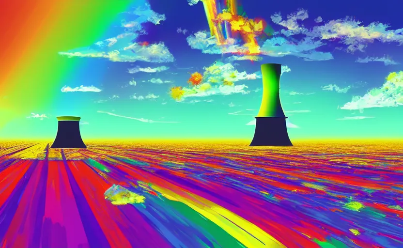 Prompt: artwork of an exploding nuclear reactor with all the colors of the rainbow, sunny sky, green fields, digital art, masterpiece, 4k