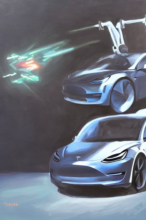 Prompt: tesla model 3 transforming into a transformer robot, oil on canvas