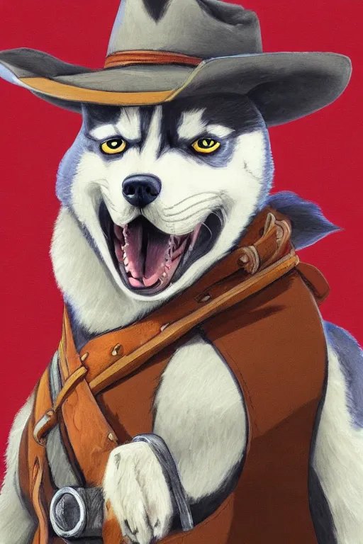 Prompt: a portrait painting of a husky in cowboy costume, wearing a cowboy hat, by studio ghibli, in the style of anime, [ red dead ], humanoid, personify, anthropomorphic, trending on artstation