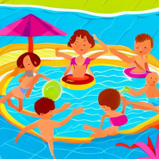 Prompt: a colorful and playful illustration of children playing in a swimming pool