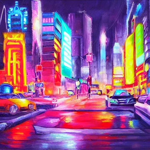 Image similar to neon city with cat realistic painting