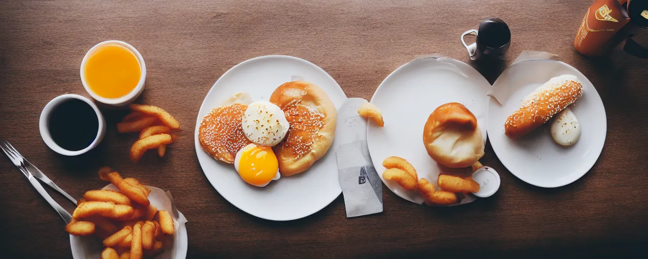 Prompt: breakfast, depth of field, food photography, isometric, tasty, mcdonalds, wide shot, studio, bokeh, gmaster, cooking, food, kodak, sony, canon