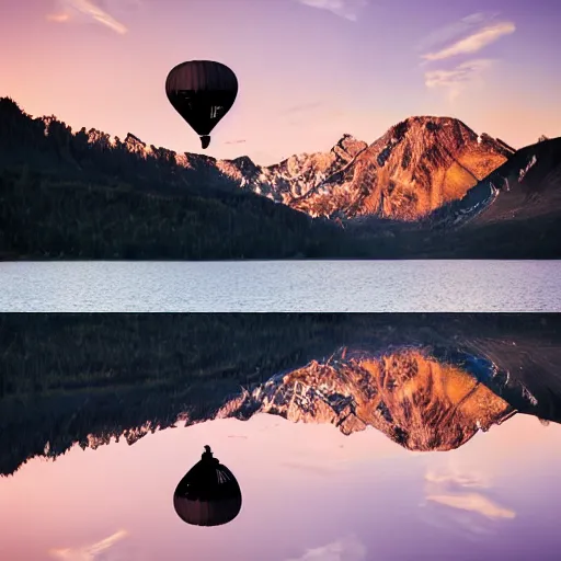 Image similar to photo of two black swans touching heads in a beautiful reflective mountain lake, a colorful hot air balloon is flying above reflecting off water, hot air balloon, intricate, 8k highly professionally detailed, centered, HDR, CGsociety