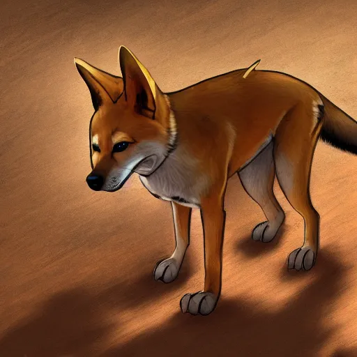 Prompt: stylized character concept art of the small cute dingo dog in the australia outback, hidari, color page, tankoban, 4 k, tone mapping, akihiko yoshida, clean bright happy adventure