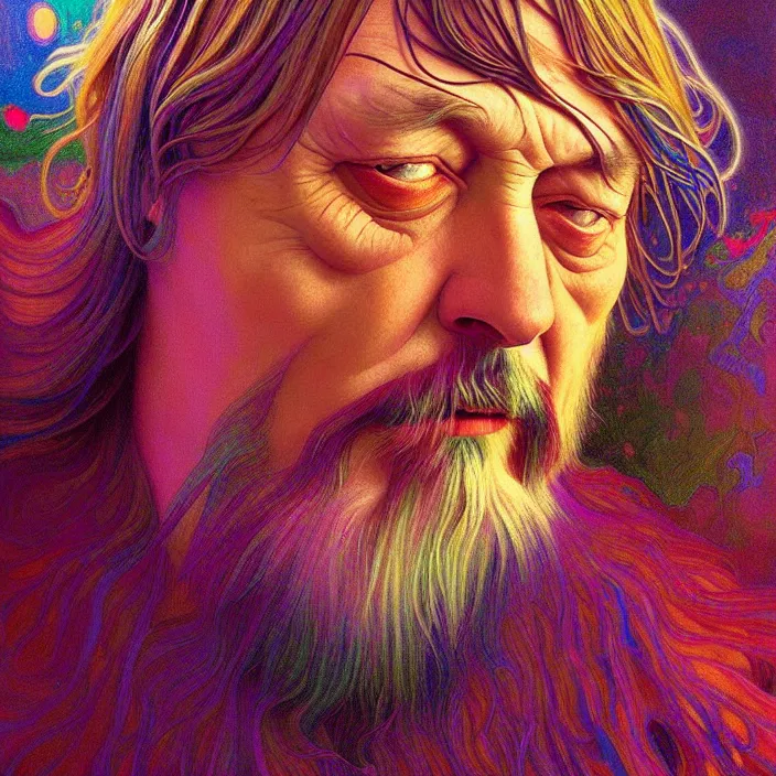 Prompt: bright psychedelic photo of robert wyatt tripping on lsd, diffuse lighting, fantasy, intricate, elegant, highly detailed, lifelike, photorealistic, digital painting, artstation, illustration, concept art, smooth, sharp focus, art by John Collier and Albert Aublet and Krenz Cushart and Artem Demura and Alphonse Mucha