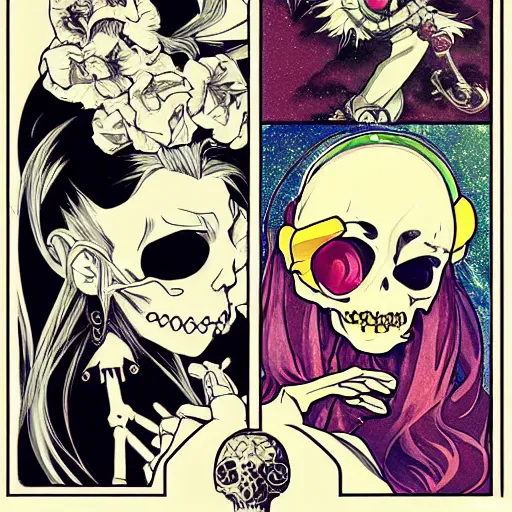 Image similar to anime manga skull portrait girl female skeleton astronaut illustration , the Simpsons, 80s art frank miller ditko and alphonse mucha pop art nouveau