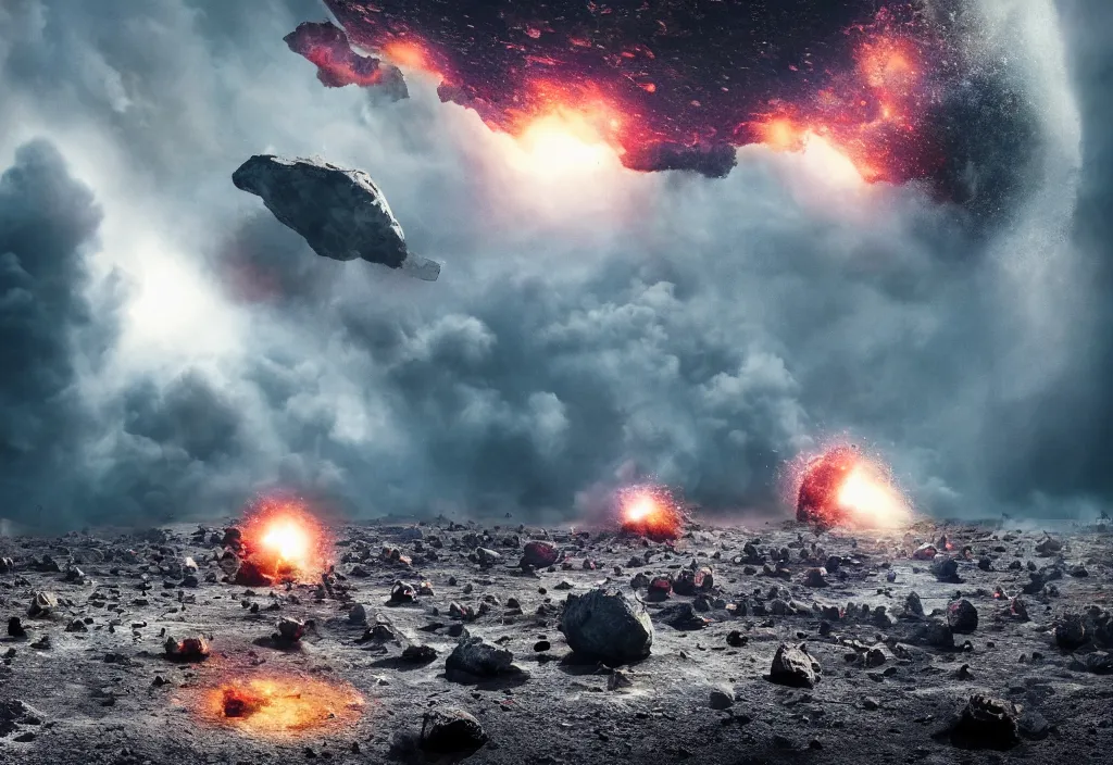 Image similar to fashion editorial of asteroids crashing on earth. gigantic explosions. wide angle shot. highly detailed. depth of field. high definition. 8k. photography.