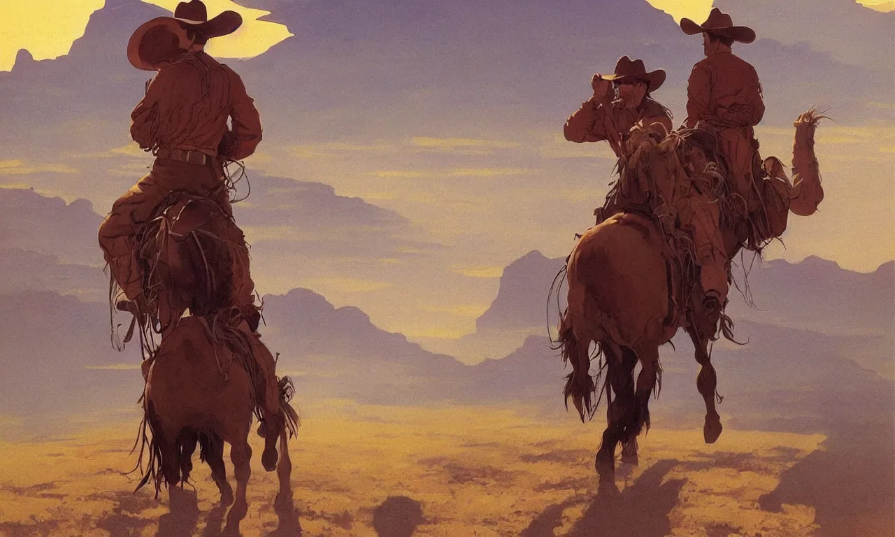 Prompt: A cowboy looking at he vastness of the plain in Western Book Illustration style, movie still, cinematic lighting, award-winning digital art by Jean Giraud Moebius and Frank Frazetta, you can really feel the spirit of the old west in this illustration, I can’t believe how beautiful this is, wow