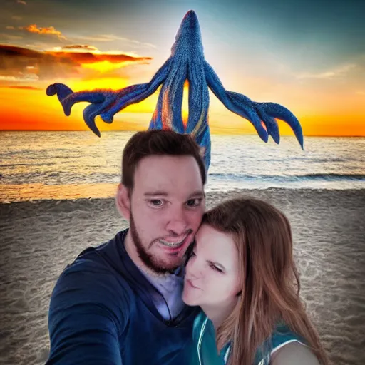 Prompt: cthulhu photobombing a romantic selfie on a beach at sunset