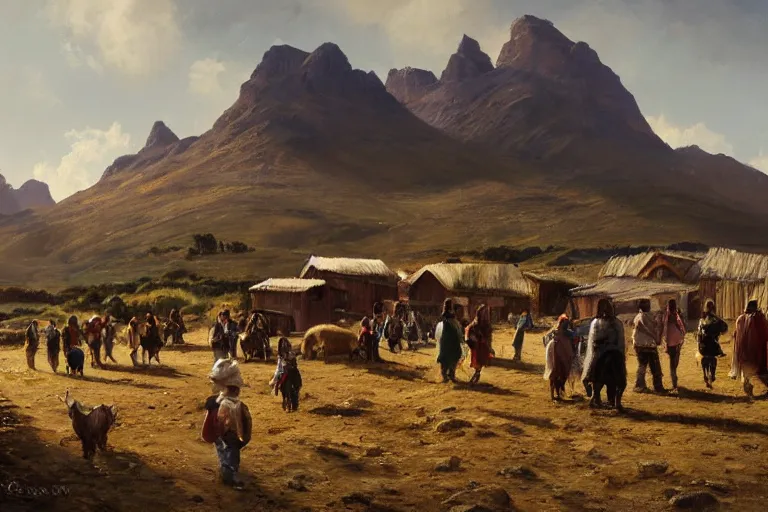 Image similar to a painting of south african immigrants in a rural patagonian village on the coast. comodoro rivadavia, rural and rocky. by greg rutkowski, trending on artstation