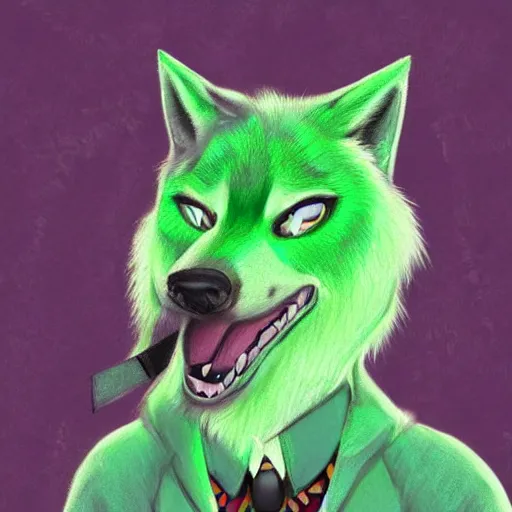 Image similar to Beautiful digital painting of an anthro anthropomorphic pastel-green wolf, Punk outfit.