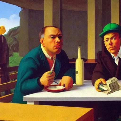 Image similar to a foreman calls his crew for lunch by Raphael, Hopper, and Rene Magritte. detailed, romantic, enchanting, trending on artstation.