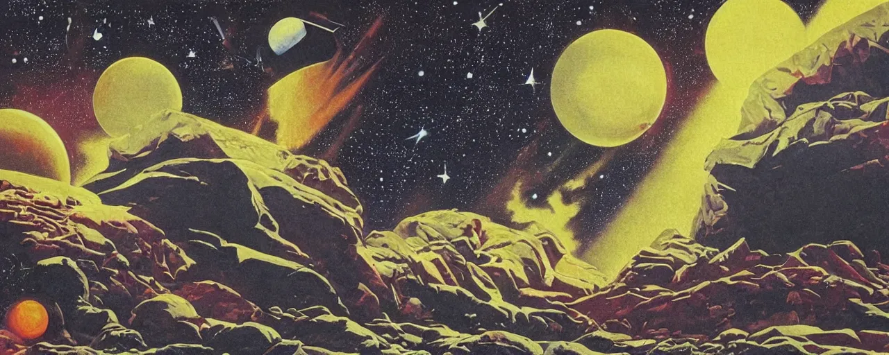 Image similar to rough texture, tempera, a beautiful future for space program, astronauts and space colonies, utopian, by david a. hardy, wpa, public works mural, socialist