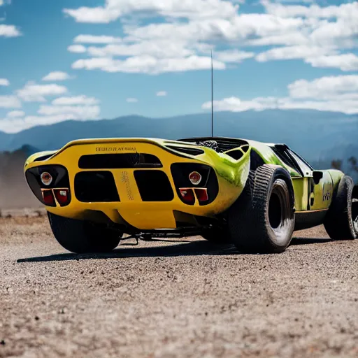 Prompt: a trophy truck mixed with a 1 9 6 6 ford gt 4 0, professional photography, wide angle