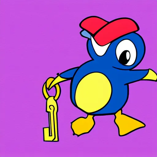 Image similar to 2 d purple penguin holding a key. disney art style. digital art. simple.