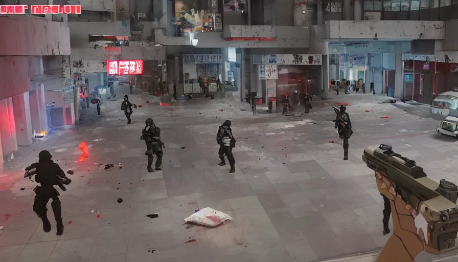 Prompt: 1988 Video Game Screenshot, Anime Neo-tokyo Cyborg bank robbers vs police, Set inside of the Bank Lobby, Multiplayer set-piece in bank lobby, Tactical Squad :9, Police officers under heavy fire, Police Calling for back up, Bullet Holes and Realistic Blood Splatter, :6 Gas Grenades, Riot Shields, Large Caliber Sniper Fire, Chaos, Anime Cyberpunk, Anime Bullet VFX, Anime Machine Gun Fire, Violent Action, Sakuga Gunplay, Shootout, :7 Inspired by Escape From Tarkov + Intruder + Akira + Guilty Gear Xrd :15 by Katsuhiro Otomo: 19