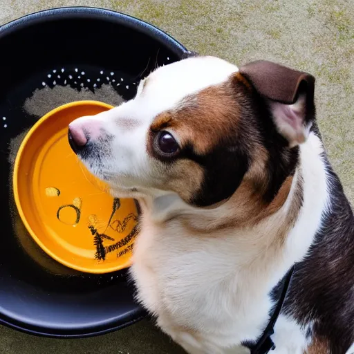 Prompt: a dog kissing a flying frying pan