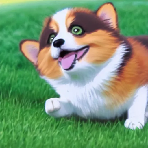 Prompt: cute and happy corgi rolling in the grass, scene from an anime by hayao miyazaki, detailed, beautiful