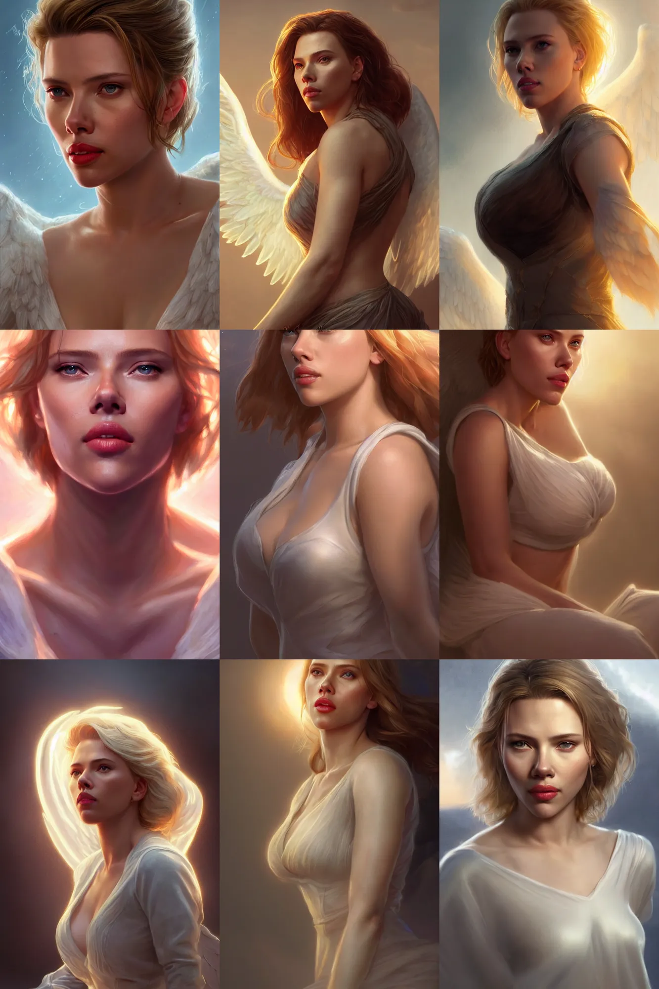 Prompt: scarlett johanson a heavenly angel, bathed in light, highly detailed, photorealistic, artstation, smooth, sharp focus, illustration, unreal engine 5, 8 k, art by artgerm and greg rutkowski and edgar maxence