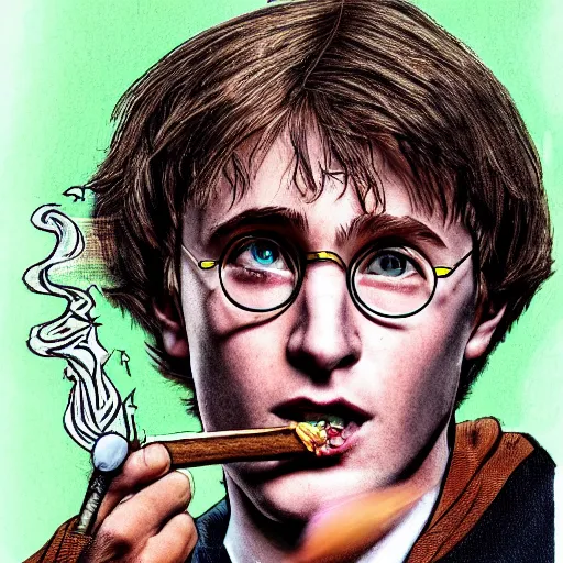 Image similar to A Hyperdetailed Award Wrinning Coloured Sketch Masterpiece of Harry Potter smoking a joint, 8k