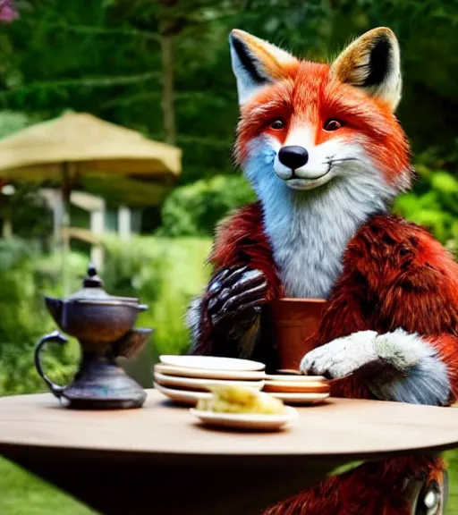 Image similar to film still from the movie chappie outdoor park plants garden scene bokeh depth of field sitting down at a table having a delicious grand victorian tea party crumpets close up masterpiece portrait of a furry anthro anthropomorphic stylized fox wearing dress