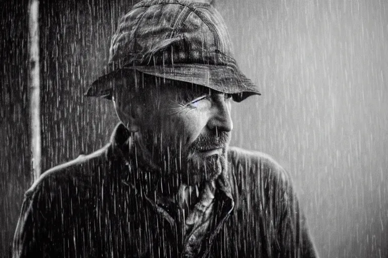 Image similar to a cinematic headshot portrait of a farmer, stood outside a wooden cabin, rain, ultra realistic, dramatic lighting, by annie leibovitz