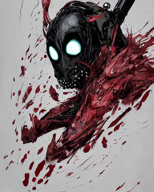 Image similar to highly detailed closeup portrait of a mutated venom symbiote in deadpool suit with a fierce expression, wearing his katana, by atey ghailan, by greg rutkowski, by greg tocchini, by james gilleard, by joe fenton, by kaethe butcher, red, black, crimson and grey color scheme