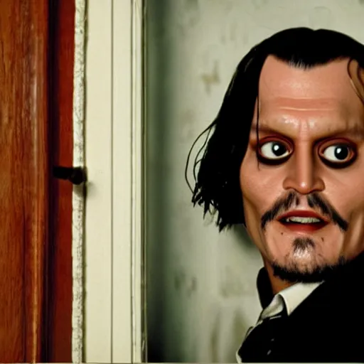 Prompt: Johnny Depp as Jack Torrance in Shining looking through the hole in the door,