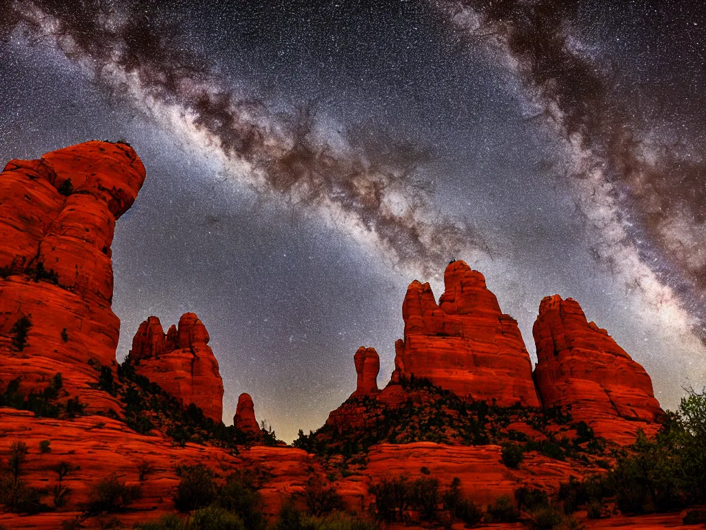 Image similar to sedona's cathedral rock bluff, night, milky way, intricate lines, elegant, extreme detail, sharp focus, photo realistic, ultra realistic, photographic