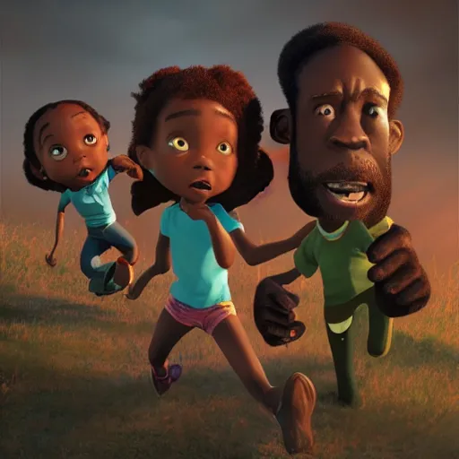 Image similar to stunning, coherent, impressive, still of black family, follow shot, 3d, in the style of pixar, comic book style, 3d, highly detailed, 16k resolution, octane renderer, coherent, cinematic lighting