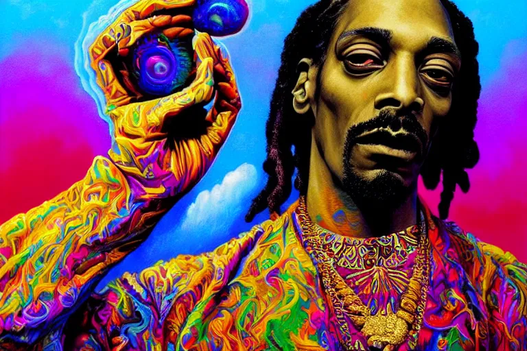 Image similar to An extremely psychedelic experience, colorful, surreal, dramatic lighting, snoop dogg smoking a (blunt), LSD, face, detailed, intricate, elegant, highly detailed, digital painting, artstation, concept art, smooth, sharp focus, hyper detailed golden ratio illustration, rich deep colors. masterpiec, Beksinski paintin, art by Sam Spratt, San Mumford, Artem Demura and Alphonse Mucha