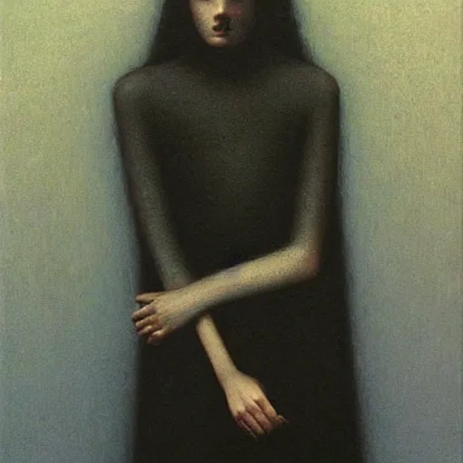 Prompt: young female in black dress, painting by Beksinski