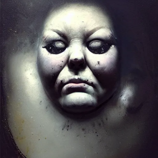 Image similar to portrait of the face of big fat old sumoringer as despair from sandman, venus of willendorf, by jeremy mann, by gregory crewdson, by bastien lecouffe deharme, by russ mills, sad face, topknot!!!, black hair, mourning, black eyes, white room, soft lightning, high detailed, 8 k