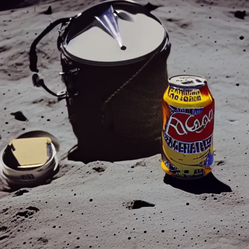 Prompt: photo of an idle electric guitar and an idle beer can next to one another on the moon surface. realistic