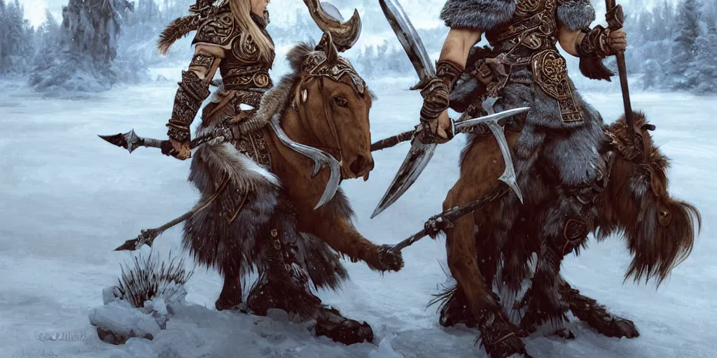 Image similar to azure viking warrior with animal companion, regal, elegant, winter, snow, beautiful, stunning, hd, illustration, epic, d & d, fantasy, intricate, elegant, highly detailed, wide angle, digital painting, artstation, concept art, smooth, sharp focus, illustration, wallpaper, art by artgerm and greg rutkowski and alphonse mucha and jin xiaodi