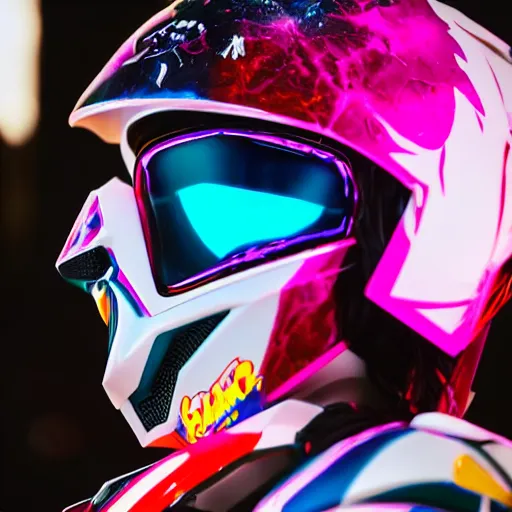 Image similar to beautifully lit extreme close up photo of a white marble statue of an anime girl with colorful motocross logos and motorcycle helmet with closed visor, colorful smoke in the background, carved marble statue, fine art, neon genesis evangelion, virgil abloh, offwhite, denoise, highly detailed, 8 k, hyperreal