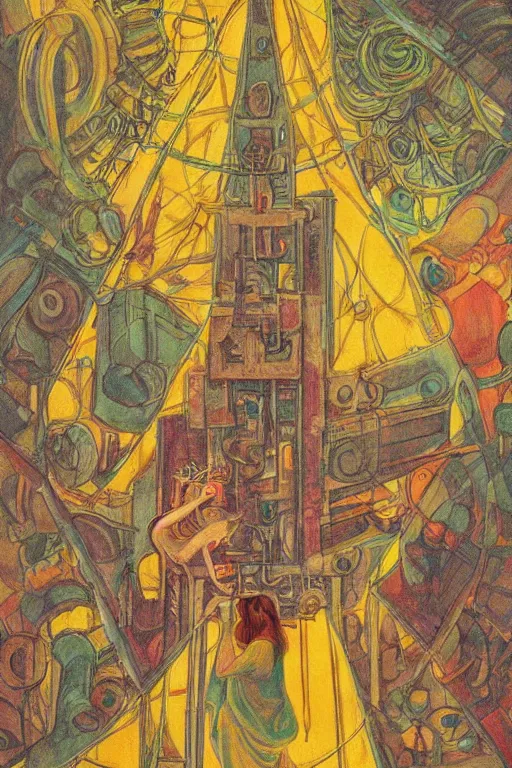 Image similar to realistic portrait of an engineer woman fixing the samsara holy cluster, fine portrait, concept art, stunning, in the style of brecht evens and jean delville