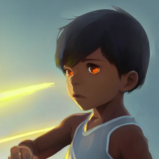 Image similar to a child with dark grey skin, blue eyes and short brown hair holding fire, highly detailed, digital painting, artstation, matte, by makoto shinkai, animation style