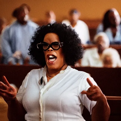 Prompt: a cinematic still of Madea preaching at a Baptist Church in Rural Tennessee, portrait, shallow depth of field, close up