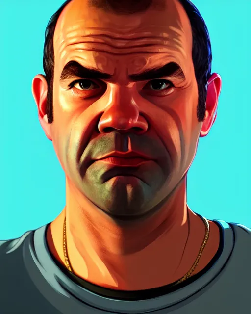 Image similar to painting portrait of trevor from gta 5, cartoon, warm lighting. movie poster, illustration by bartek fedyczak, erak note, tooth wu, neil richards, kan liu, siwoo kim, jisu choe, trending on art station